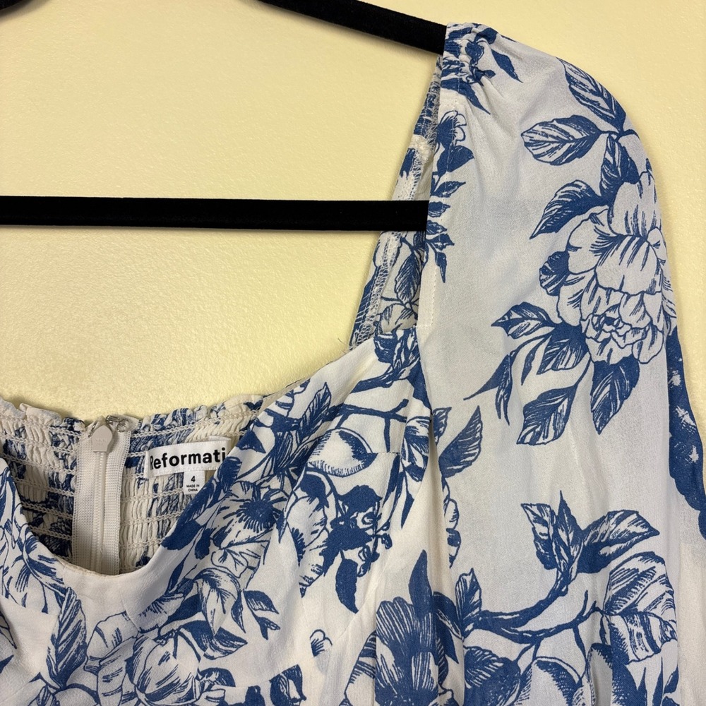 REFORMATION Cammi Mini Dress Corsica Blue Women Size 4 Floral Long Sleeve Garden - Picture 5 of 12